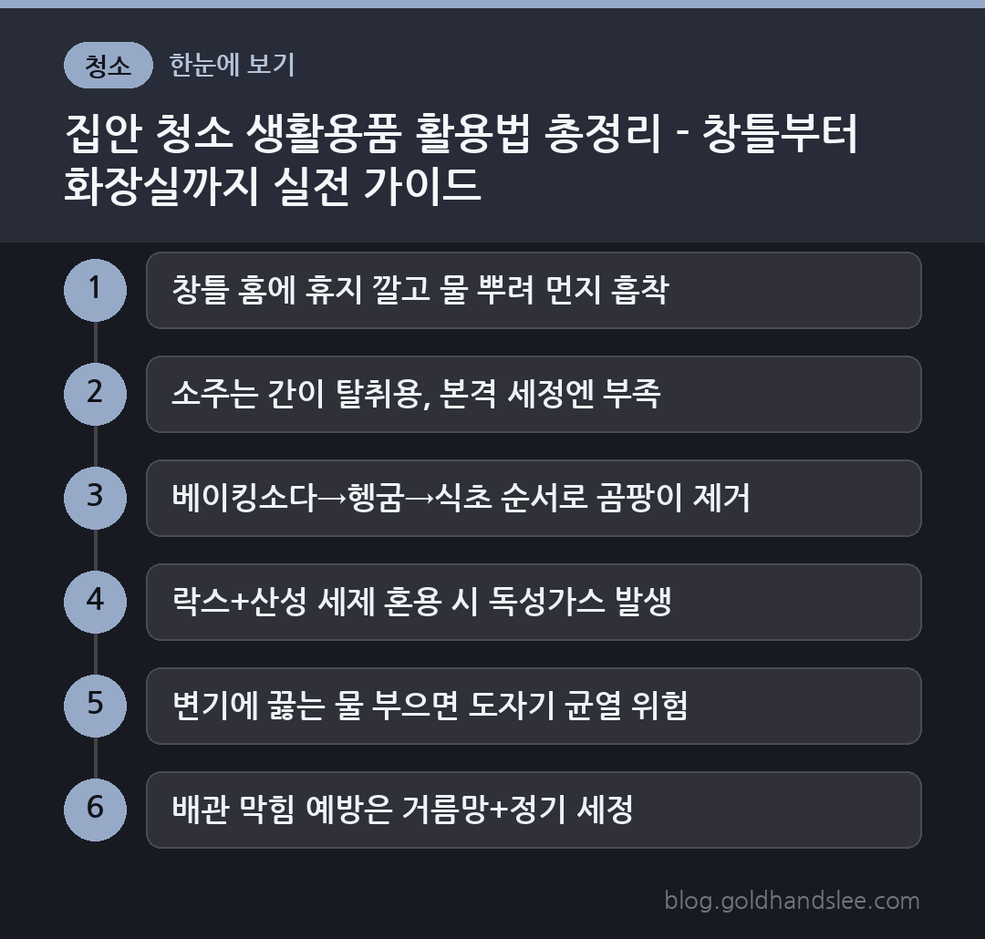 집안 청소 생활용품 활용법 총정리 - 창틀부터 화장실까지 실전 가이드 한눈에 보기